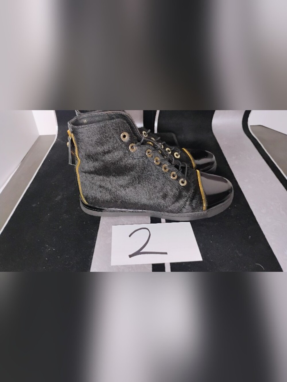 Stuart Weitzman Designer High Top Gold  Zipper Sneakers, Black, Fur, Size US 8